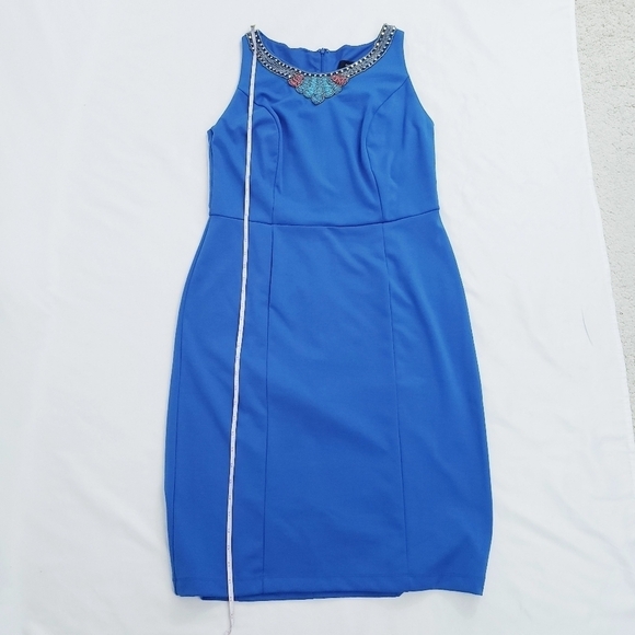 NWT Ashley Stewart Sleeveless Sheath Dress Beaded Neck Blue - Picture 9 of 10